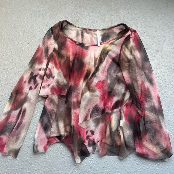 Gem & Harmony Tops - Free People Harmony Tie Dye Blouse Ruffle Sheer Long Sleeve Top Pink Brown Small